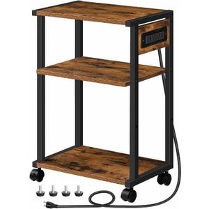 HOOBRO Industrial Printer Stand with Charging Station, 3-Tier Printer Table, Rolling Printer Cart with Adjustable Shelf and Hook, Rustic Brown and Black BF28UPS01