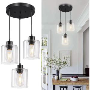 3-Lights Pendant Light Fixture, Hanging Light Fixture Kitchen Island, Black Pendant Lighting for Kitchen Bedroom Hallway, Dining Room Light Fixtures, E26 Base, Clear Glass Shade