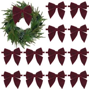 AIMUDI Burgundy Velvet Bows 4" Christmas Bows for Gift Wrapping Velvet Bows for Christmas Tree, Holiday Crafts, Wreath, Garland, Staircase, Home Outdoor Winter Christmas Decorations, 12 PCs
