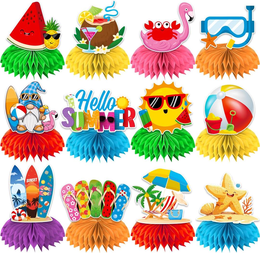 12Pcs Summer Party Decorations Honeycomb Centerpiece, Hello Summer Party Decorations Centerpiece,3D Beach Summer Decorations Honeycomb Centerpiece for Summer Party Beach Party Decorations