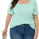 Womens Plus Size Tops Square Neck Puff Short Sleeve Loose Fit Casual Solid Summer Tee T Shirts (1X-5X)