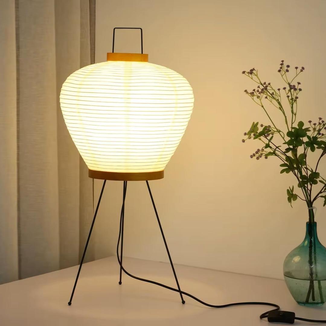 Noguchi Akari Paper Floor Lamp, Wooden Round, 19"D x 3"W x 16"H, White
