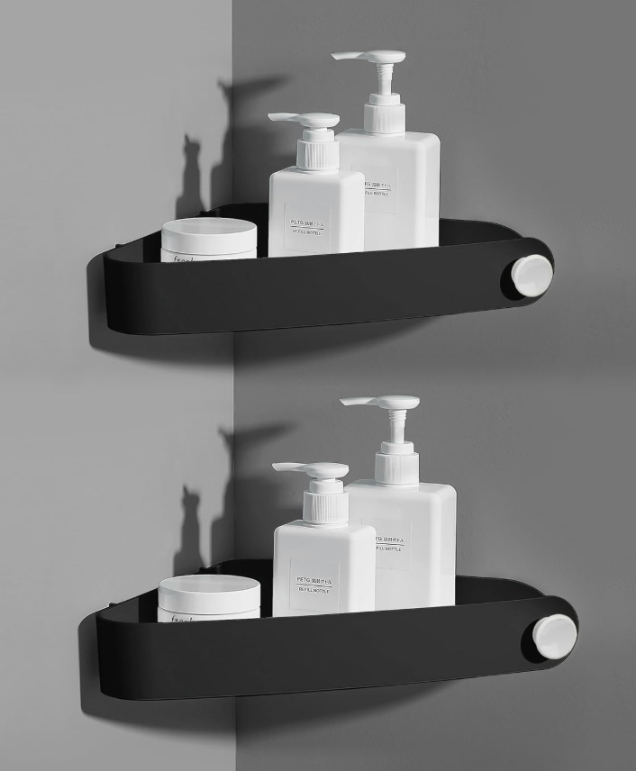 Sotfamily Plastic Shower Caddy Corner (for 90° Only), 2 Pack Adhesive Corner Shower Shelves for Bathroom Organizers and Storage, Black