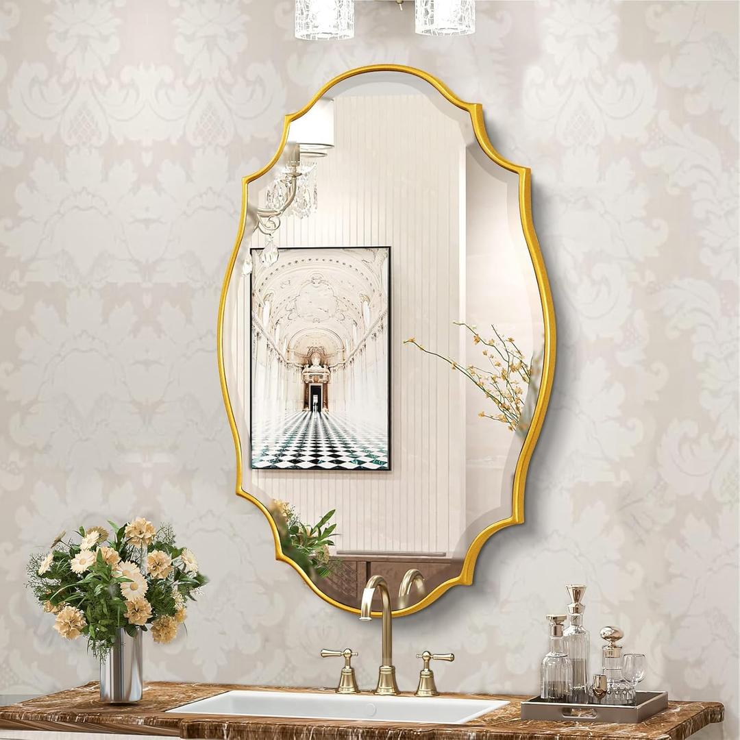 Scalloped Oval Wall Mirror, 24“X36” Gold Bathroom Vanity Mirror, Ornate Decorative Mirror for Living Room, Washroom, Bedroom