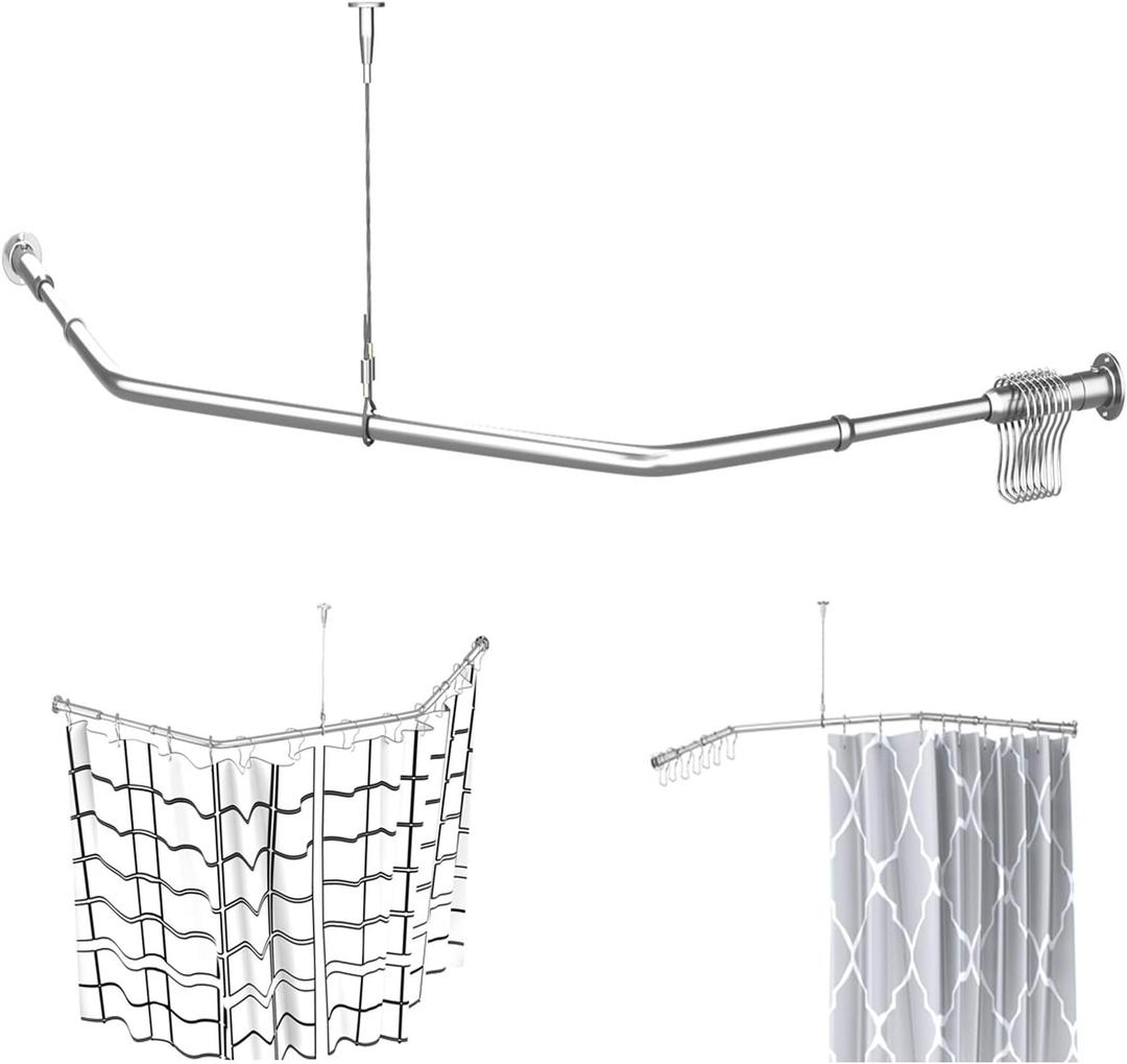 Corner Shower Curtain Rod - 304 Stainless with Ceiling Support,for Bathroom Bathtub, Clothing Store,Private Space (34 "x 30" x 34")