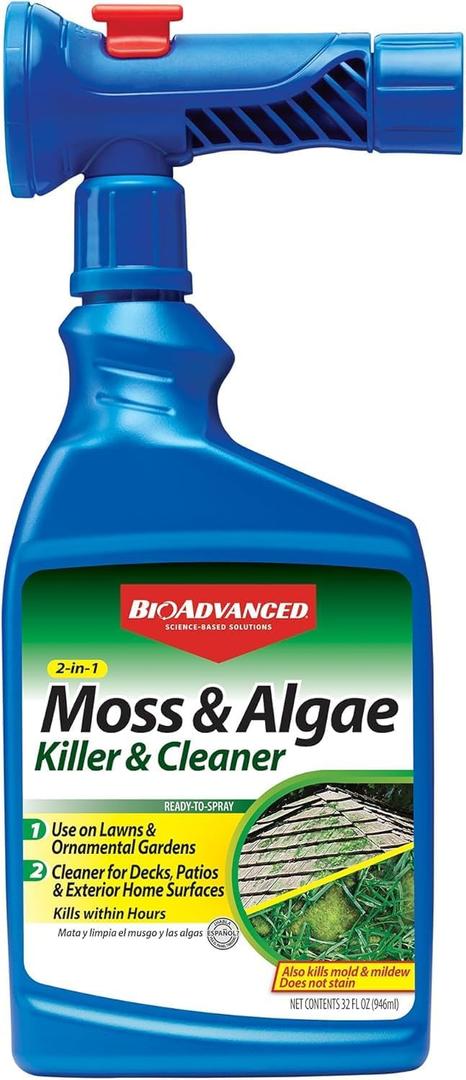 BioAdvanced 2-in-1 Moss and Algae Killer for Lawns, Moss Killer for Roofs, Patios, Decks, and Deck Cleaner, 32 oz (EXP 02/16/28)