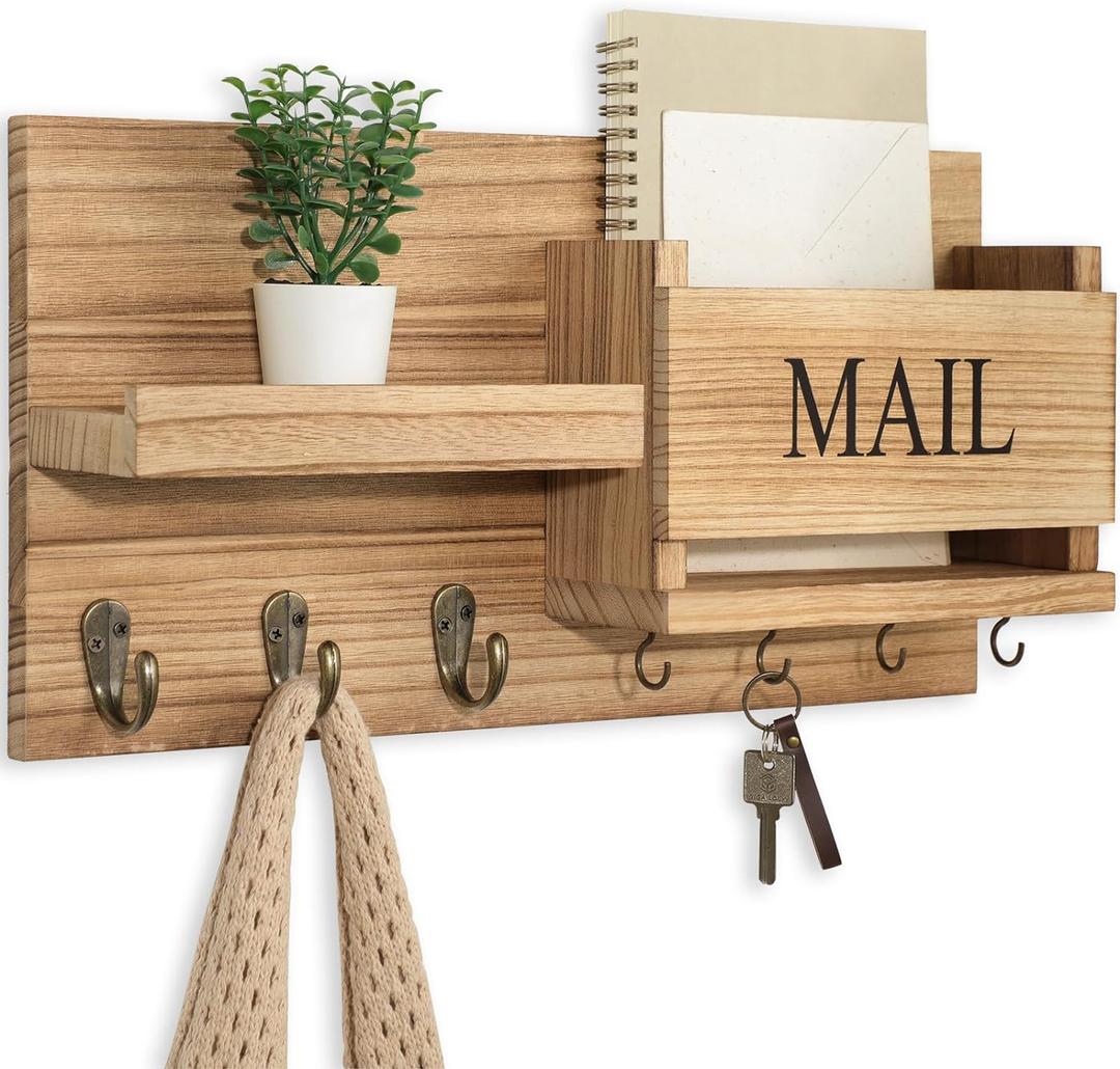 Mail Organizer for Wall Mount  Key Holder with Shelf Includes Letter Holder and Hooks for Hallway Farmhouse Decor  Rustic Wood with Flush Mounting Hardware (16.5 x 9.1 x 3.4) (Wood)
