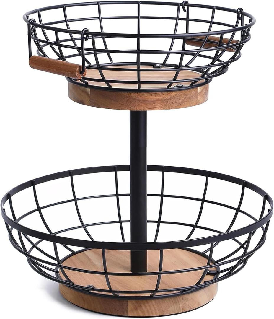2 Tier Fruit Basket with Banana Hanger, Metal Fruit Bowl Stand with Wooden Base, Kitchen Counter Fruit Organizer for Vegetables, Bread, Snacks Storage Basket
