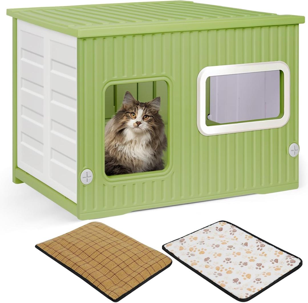 Cat House for Outdoor Indoor Use, Stackable Feral Cat Shelter Indoor Cat House Weatherproof Waterproof Elevated, with 2-Sided Cushion (Green White)