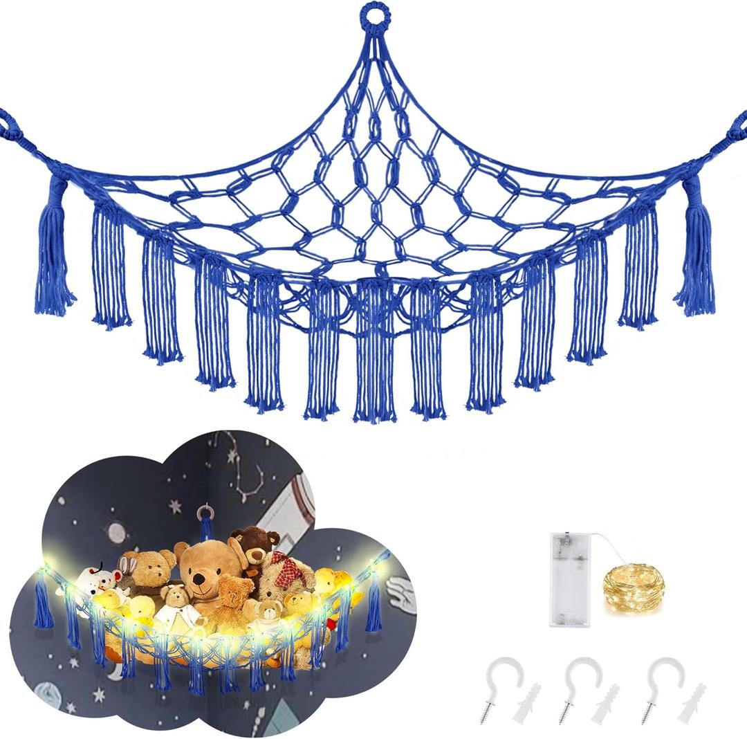 Stuffed Animal Hammock with LED Light, Toy Hammock for Stuffed Animals Storage for Kids Room Decor, Stuffed Animal Hammock Corner, Royal Blue (Large-(Package of 1))
