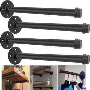 Industrial Pipe Shelf Brackets 12 inch - Set of 4, Rustic Floating Shelf Brackets with Iron Fittings, Flanges and Pipes for Vintage Furniture Decor, Wall Mounted DIY Bracket, Garment Rack Hardware (Black)