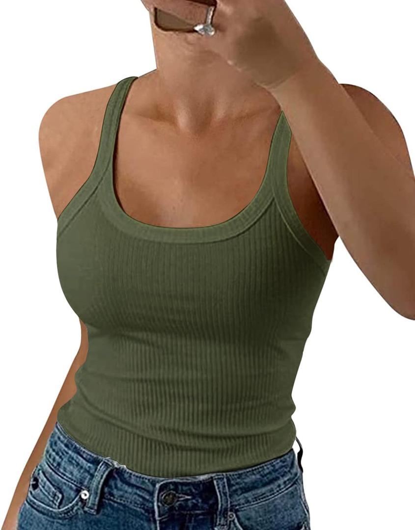 GEMBERA Women Spaghetti Strap Scoop Neck Ribbed Tank Tops Slim Fitted Cotton Camisole Basic Sleeveless Layering Shirts (Large, Olivegreen)