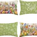 Bunny Ears Eggs Wildflowers Easter Lumbar Pillow Cover Pillow Cases Set of 4 Decorations for Farmhouse Home Sofa Couch Cushion Cover Party Holiday Decor 12x20 Inch