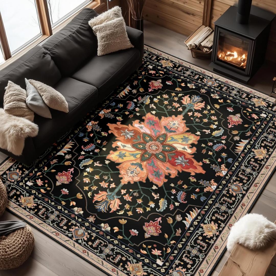 Area Rugs 6'x9' Washable Non-Slip, Floral Vintage Distress Print Pattern Medallion Carpet for Living Room Bedroom Dining Room, Black Colorful Floral Dark Tan
