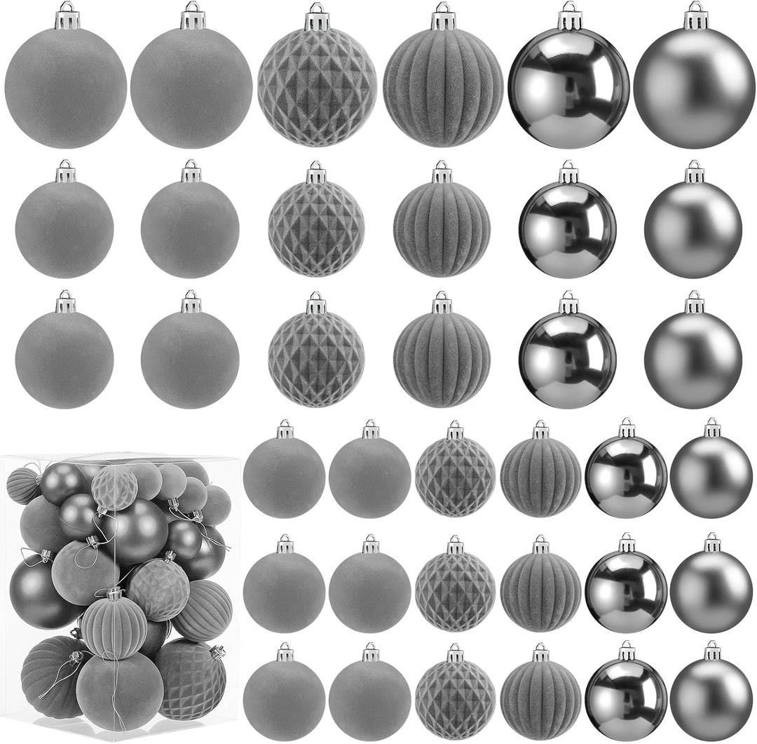 Soulchen 42 Pcs Velvet Christmas Ornaments Set Flocked Grey Christmas Ball Ornaments Hanging Shatterproof Xmas Ball Decor with 5 Styles in 3 Sizes for Xmas Tree Holiday Indoor Outdoor Home Decor