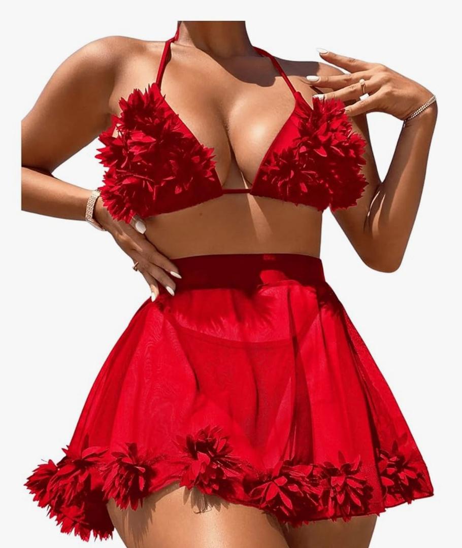 OYOANGLE Women's 3 Pieces Swimsuit Halter Triangle Bikini Swimsuit with Mesh Beach Skirt Cover Up,S