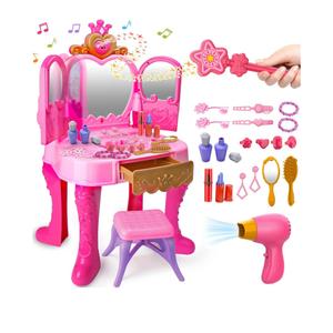 Toddler Vanity Magic Makeup Set Table & Chair Girl Toy Automatically Mirror with Music Light Pink Toys for 2 3 4 Year Old Girl Hair Salon Pretend Play Princess Dress Up Playset Valentine Gift age 3-5