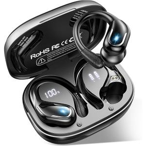Reekbone BX27 True Wireless Earbuds, Ltinist Bluetooth 5.3 Headphones, Wireless Earphones 75H Playtime and HiFi Stereo Sound with Mic, Dual LED Display, IP7 Waterproof in Ear EarHooks, USB-C, Headsets for Sport, Running, Black