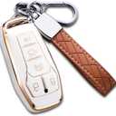 for Ford Key Fob Cover with Keychain, Premium Soft TPU Full Protection Key Fob Case for Ford Fusion Mustang F150 Edge Explorer Lincoln MKZ MKC MKX Smart Remote Key Protector (Size B-Ivory)