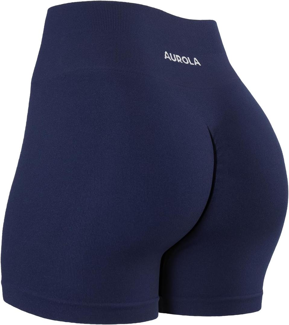 AUROLA Power Workout Shorts for Women Tummy Control Squat Proof Ribbed Thick Seamless Scrunch Active Short (Large, Naval Academy)