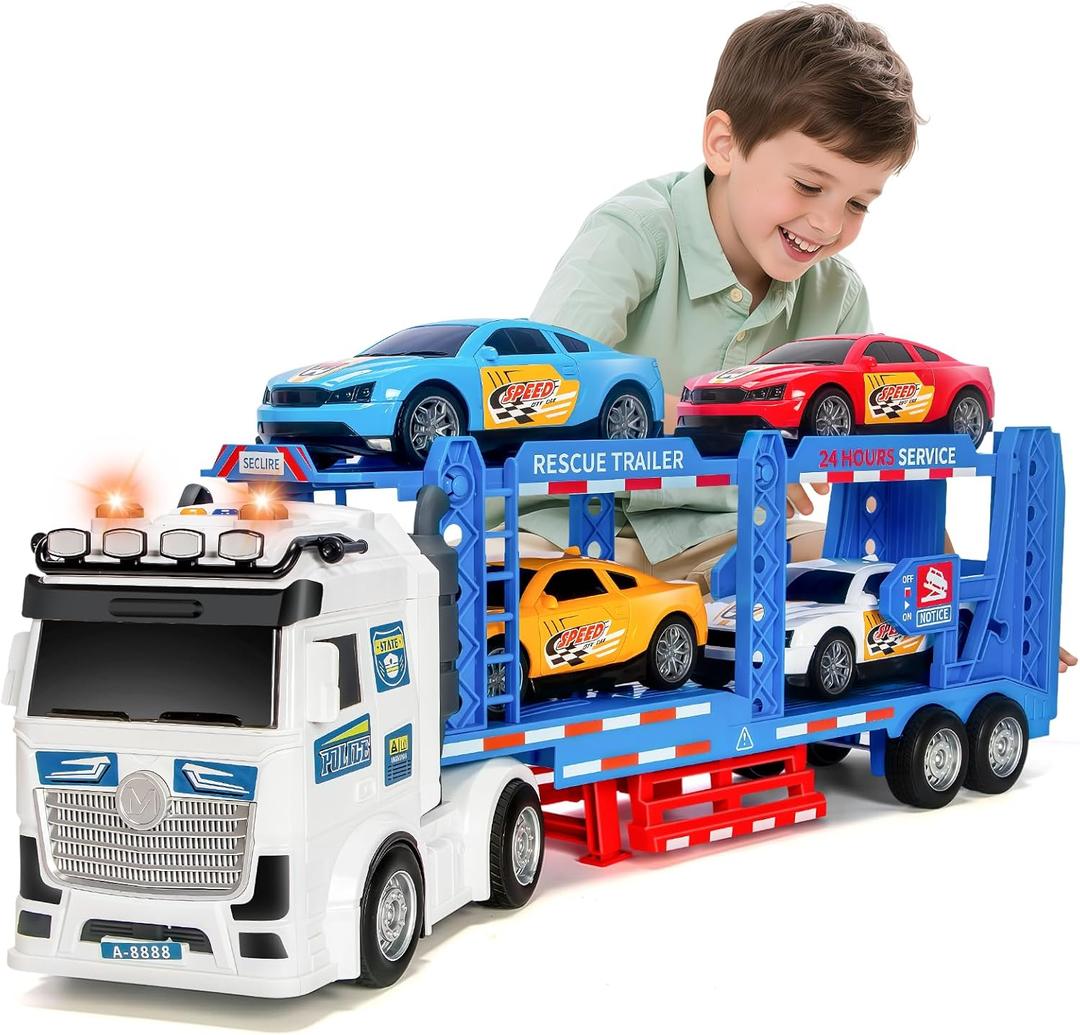 BainGesk Semi Truck Toys Car for 3, 4, 5, 6, 8 Years Old Boys Girls, Adjustable Double Decker Carrier Truck with Light & Sound, Car Hauler with Trailer Toy, Large Transport Toy Gifts for Toddler (Blue)