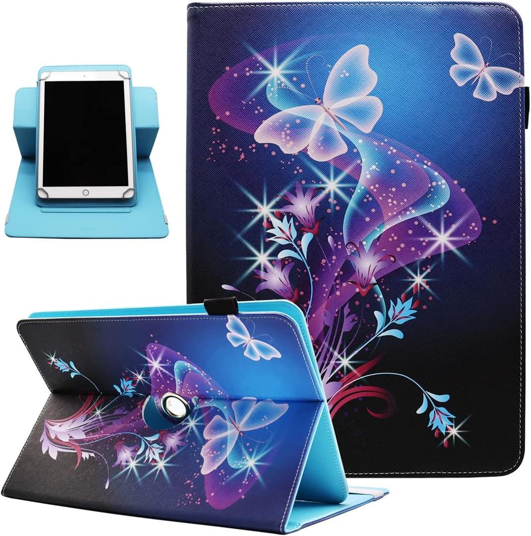 Universal 7 8 Inch Android Tablet Case, Dluggs PU Leather 360 Degree Rotating Multi-Angle Viewing Stand Case Cover for 7.0 8.0 and All 7.0-8.5 Inch Tablet, Shiny Butterfly