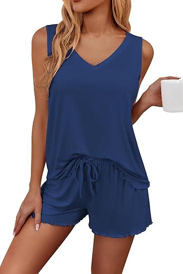Ekouaer Womens Pajamas Sets Soft Comfy Sleeveless Sleepwear Tank and Shorts Pj Set Summer 2 Piece Loungewear, Navy Blue Small