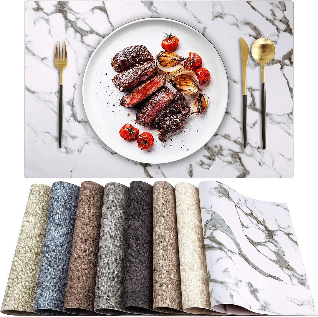 Leather Heat Resistant Placemats Set of 6 Waterproof Wipeable Washable PU Table Mats, Easy to Clean Anti-Slip Place Mats (Marble, 6)