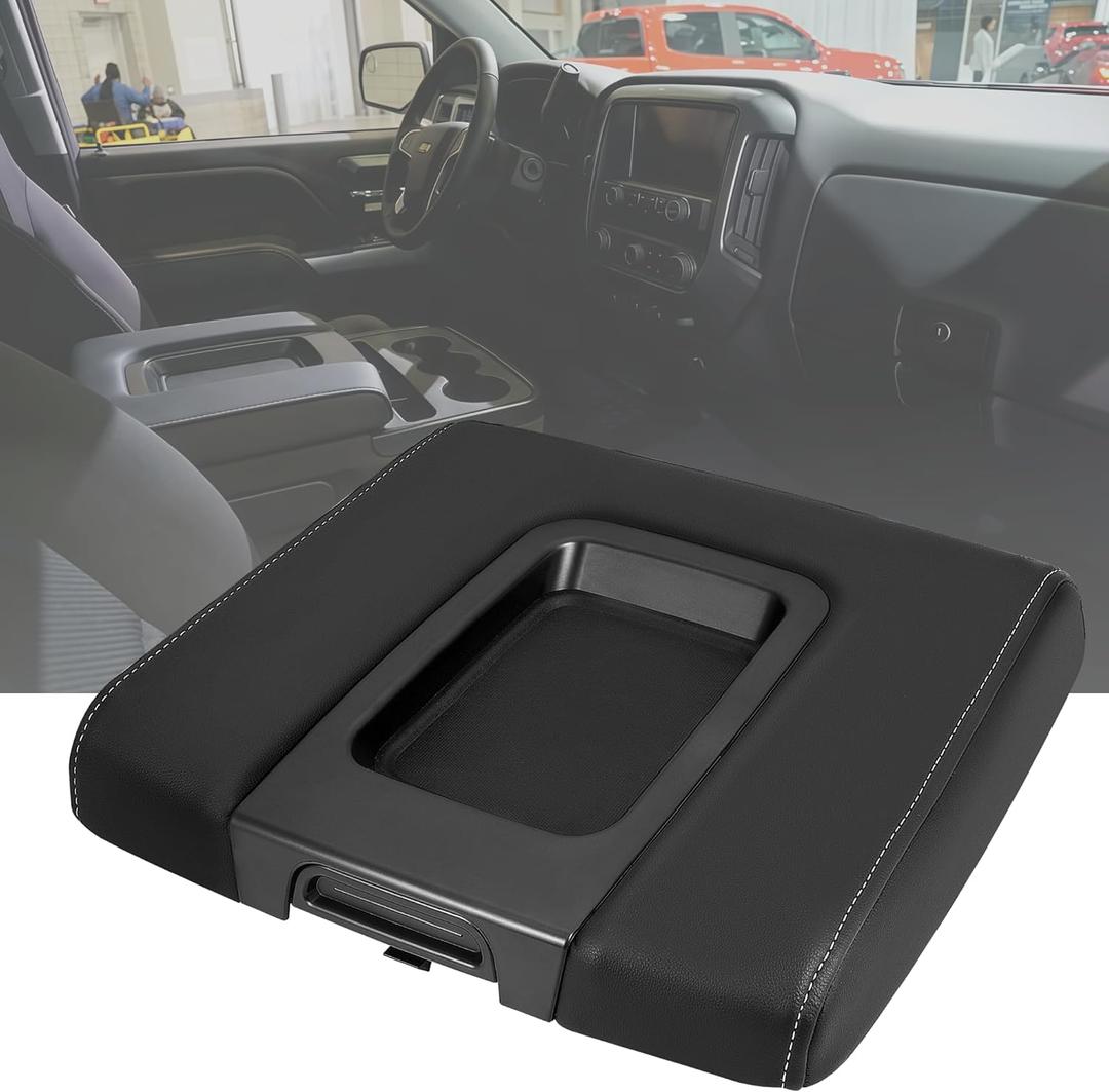 Center Console Lid Compatible with Chevy Silverado 1500 2500HD 3500HD 2014-2018, GMC Sierra 1500 2500HD 3500HD, Replacement for 22881398, Front Armrest Cover with Liner Mat Black