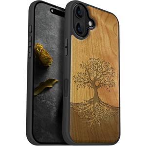 Carveit Magnetic Wooden Case for iPhone 16 Plus Case, Wood Artisan Engraved & Black Soft TPU Shockproof Cover, Compatible with MagSafe Wireless Chargers (The Yin Yang Tree) Cherry
