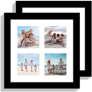 Hongkee 10x10 Picture Frame Set of 2, Real Glass and Black Collage Frame, Display Pictures Four Opening 4x4 With Mat or 10 x 10 Without Mat for Wall Hanging or Tabletop