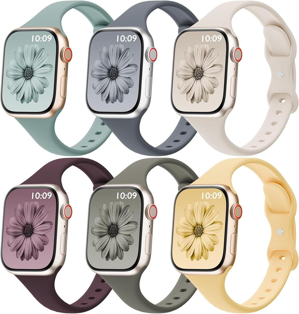 6 Pack Thin Bands Compatible with Apple Watch Band 38mm/40mm/41mm/42mm(Series 11/10) Women Men, Sport Silicone Strap Slim Wristband 