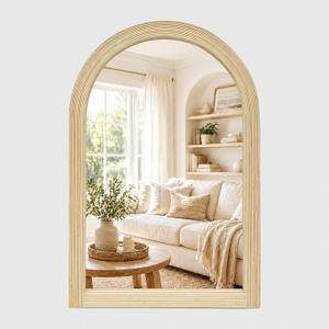 24" x 36" Arched Wall Mirror, Handwoven Bamboo Strip Frame | Warm natural bamboo texture, 2 in deep frame, decorative boho coastal style for entryway, bathroom, bedroom, and living room