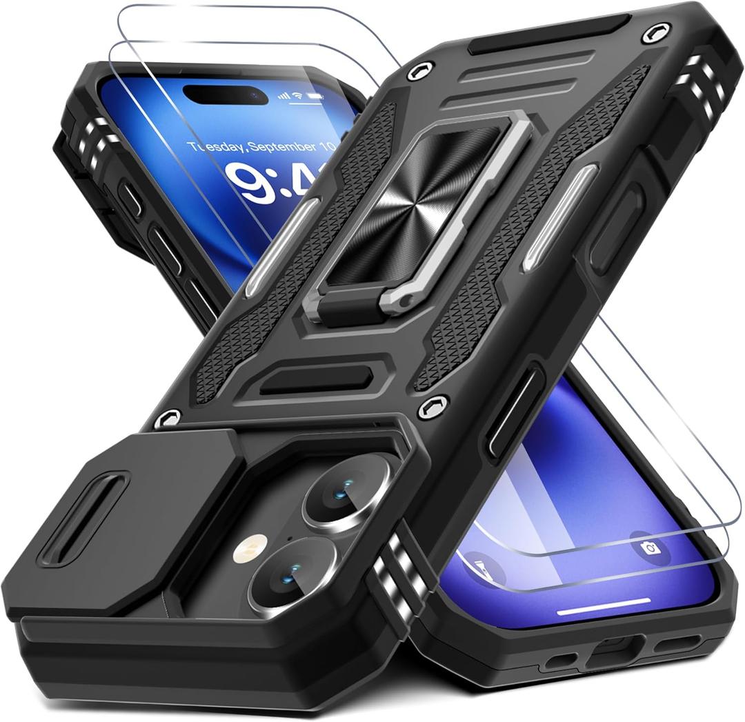 DEERLAMN Case for iPhone 17 6.3-Inch with Slide Camera Cover + Screen Protector (2 Packs), Rotated Ring Kickstand Military Grade Shockproof Protective Cover-Black