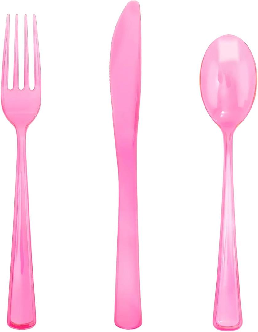2 x WDF 180 Pieces Pink Plastic Silverware Disposable - Clear Pink Cutlery Sets 60 Forks, 60 Knives and 60 Spoons - Heavy Duty Disposable Utensils for Wedding, Party