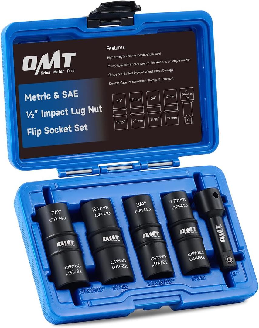 Orion Motor Tech Lug Nut Socket Set, 5pc 1/2" Drive Impact Flip Socket Set with Metric 17 19 21 22 mm & SAE 3/4 13/16 7/8 15/16 in. Sockets, Double Ended Thin Wall Nut Sockets with 3" Extension Bar