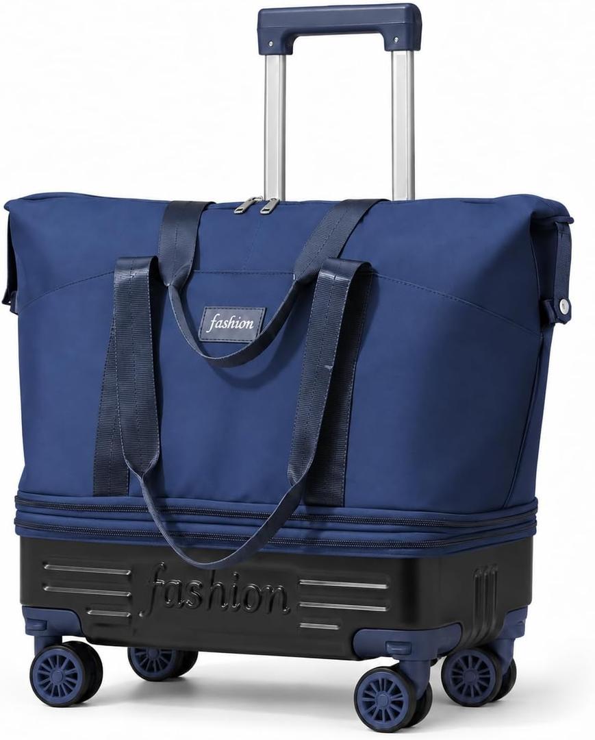 Rolling Duffle Bag with Wheels, Expandable Travel Duffel Bag Carry On Luggage with Detachable Spinner Wheels & Handle, Foldable Weekender Bag Overnight Gym Hospital Bag for Women Men, Navy, Large