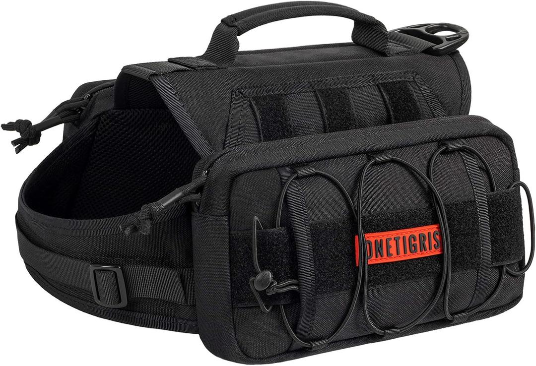 ONETIGRIS Dog Backpack for Medium & Large Dogs, Nylon Backpack for Dogs Tactical Pet Backpack with Side Pockets for Hiking Walking Training Running (Black, Medium)