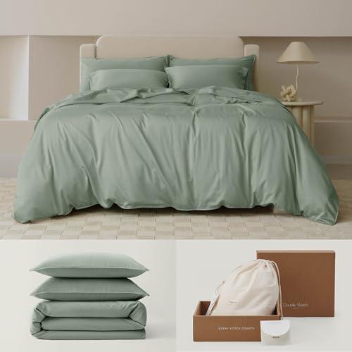Double Stitch Cotton Tencel Duvet Cover - King Size Comforter Cover, Luxury & Soft Eucalyptus Lyocell Bedding Set for Hot Sleepers, Cooling & Breathable, Button Closure, Sage Green, 106"x90"