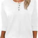 3/4 Length Sleeve Womens Tops Crew Neck Buttons Henley Shirts Tunic T Shirts Loose Fit Work Blouses 2025 Fall Trendy (White, M)