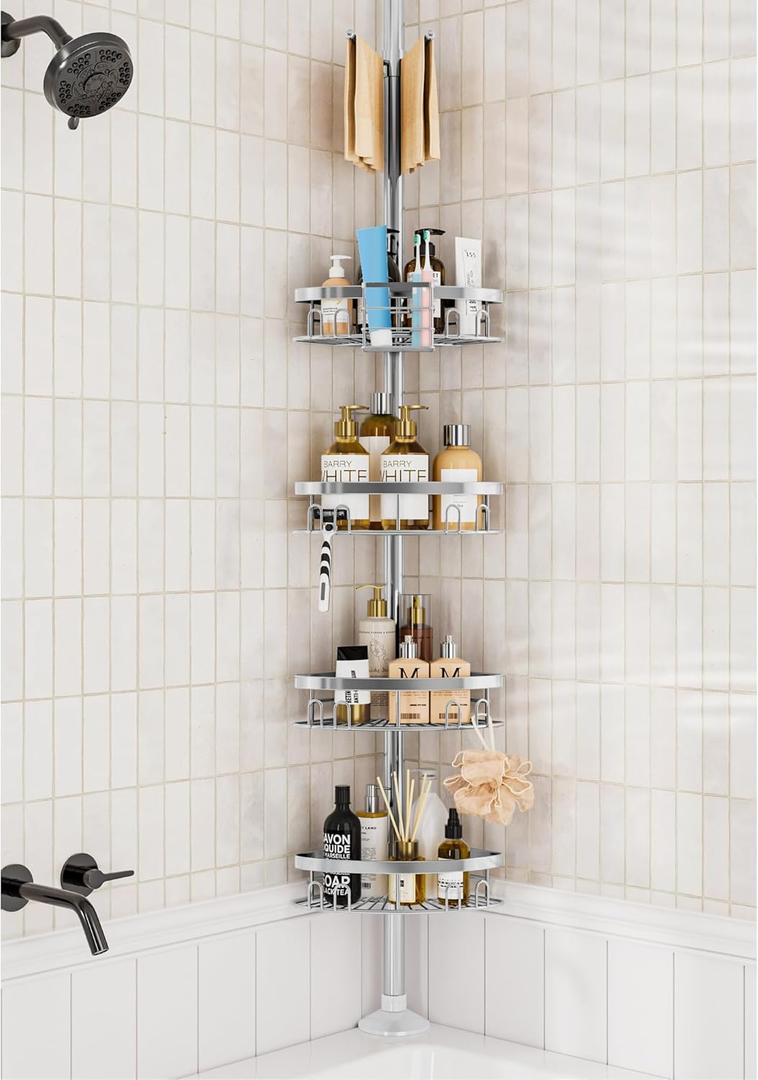 Rustproof Shower Corner Caddy Shelf for Bathroom Tension Pole Organizer with 4 Baskets for Bathtub Shampoo Storage from 23.6 to 114.5 Inch with Towel Bar (Silver)