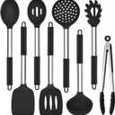 TeamFar Kitchen Utensils Set of 8, Silicone Utensils Kitchen Tools Set with Stainless Steel Handle, for Frying Serving Flipping Draining, Non-toxic & Heatproof, Nonstick & Dishwasher Safe - Black
