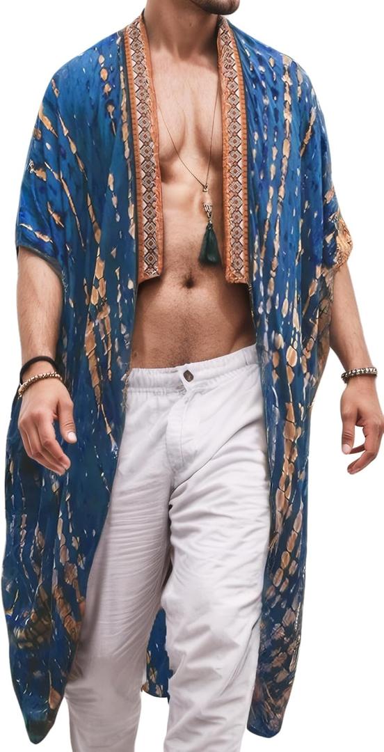 SEAUR Men's Lightweight Kimono Robe Casual Open Front Long Cardigan Summer Loose Half Sleeve Beach Shawl (X-Large, Blue)