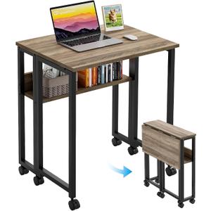 GreenForest Folding Desk Small Rolling Desk with Storage Shelf, 24.8 inch Foldable Computer Desk with Wheels for Small Space, Easy Assembly, Grey Wash