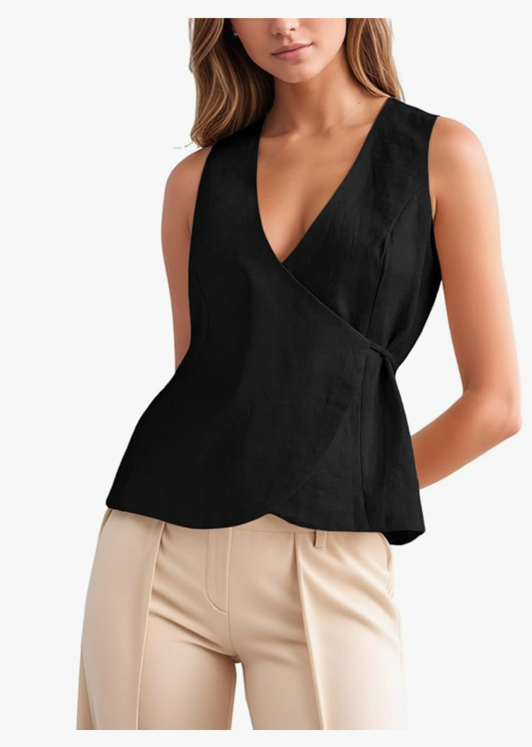 Womens Wrap Vest Tops Trendy Summer Going Out Business Casual Top Sleeveless V Neck Self Tie Waist Cami Shirts, Extra Large, Black 