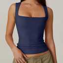 QINSEN Women's Double Layer Tank Tops Square Neck Sleeveless Basic Tight T Shirts (Blue, XS)