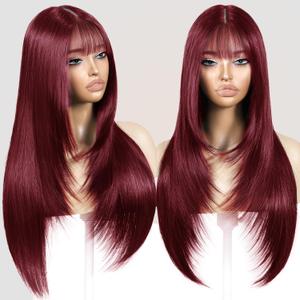 Long Burgundy Wig with Bangs for Women Synthetic Heat-Resistant Hair Layered Style Hair for Daily and Party Use (26 Inch)