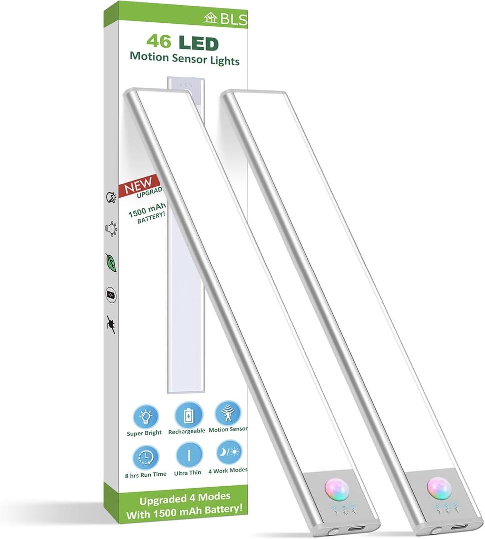 BLS Under Cabinet Lights, 46 LED lights Battery Operated Motion Sensor Light Indoor, USB C Rechargeable Closet Lights Motion Sensored, 1500mah Wireless Magnetic Light for Kitchen Night Stairs (2 Pack)