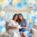 Blue Baby Shower Decorations for Boy with Welcome Baby Banner, Blue Champagne Balloons, Tassel Garlands, Swirls, and Paper Pom Poms for Boho Baby Shower or Gender Reveal Party Supplies