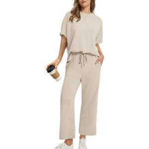 Sampeel Two Piece Sets for Women Summer Outfits Oversized Wide Leg Crop Pants Lounge Sets Airport Beach Vacation Clothes (Beige, XL)
